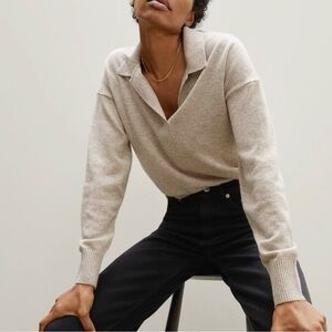 Everlane 100% Cashmere Polo Vneck Sweater Oatmeal Size Large
